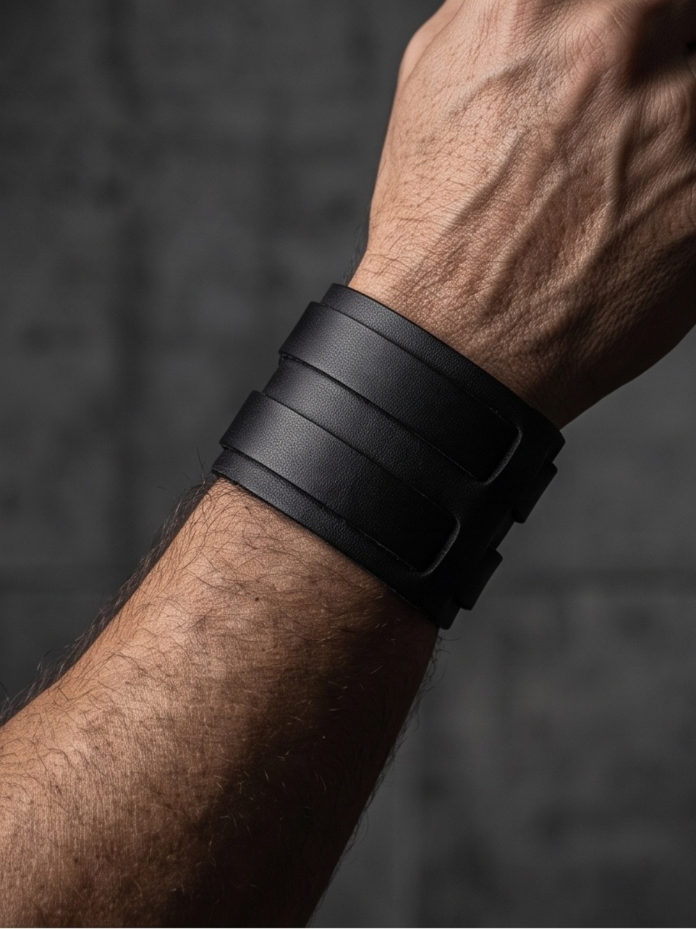 Black Men's Double Buckle Leather Cuff Bracelet